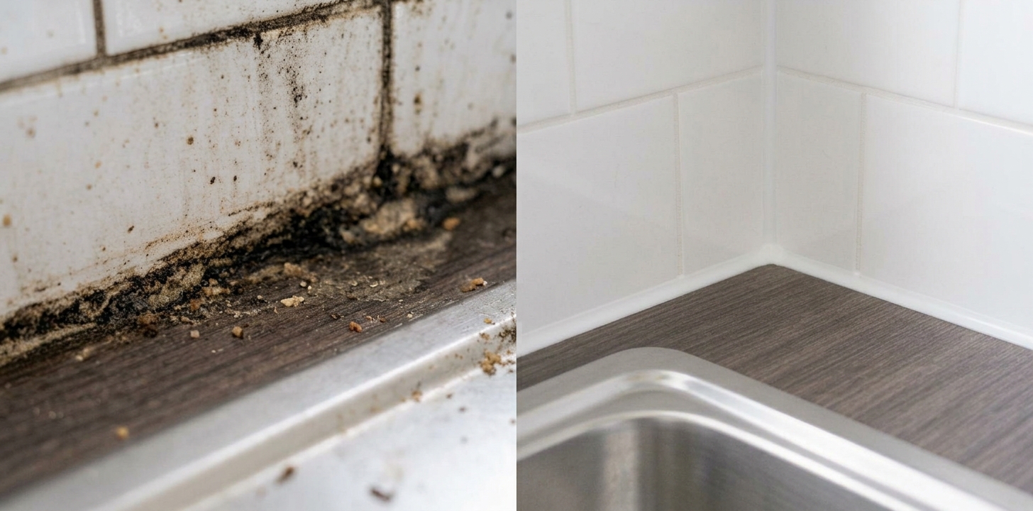 Sink & wall re-seal — before and after