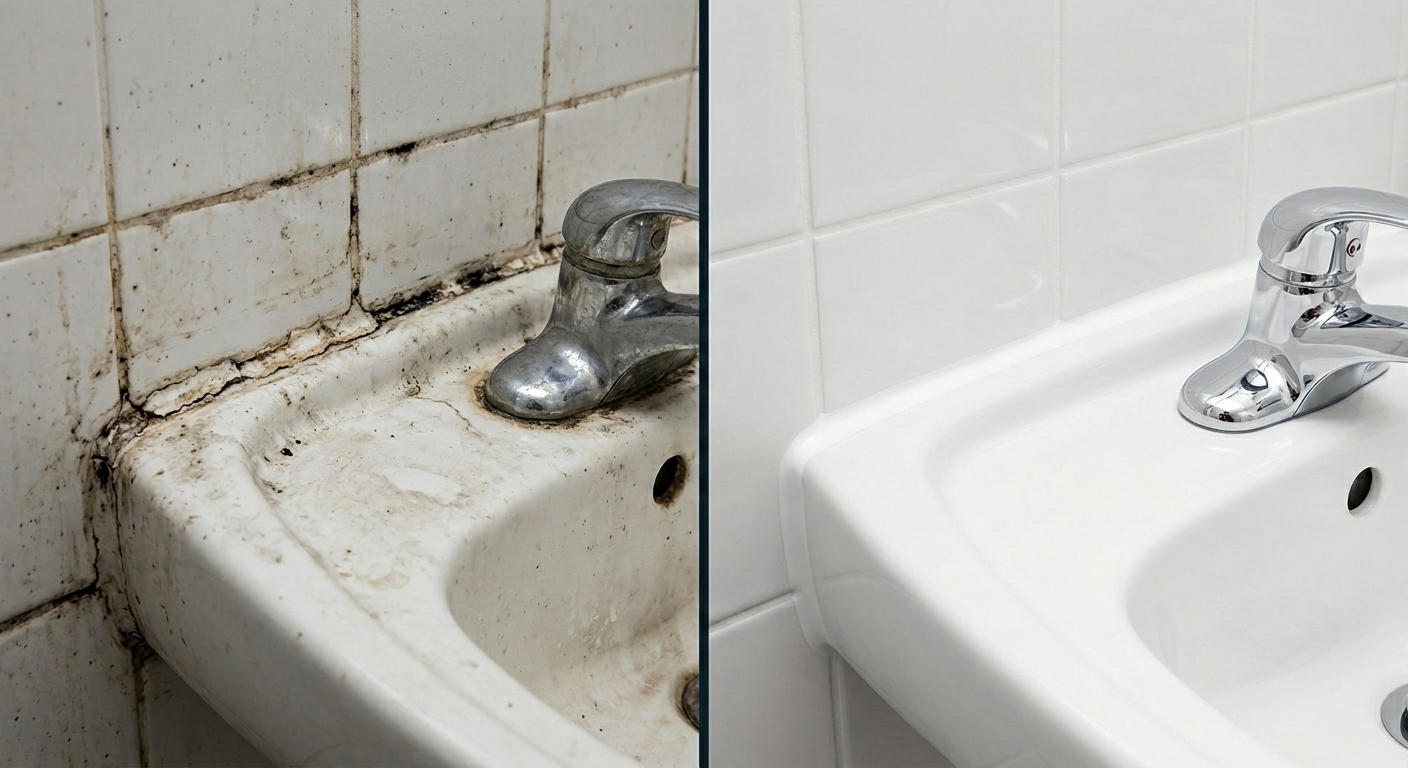 Sink & wall re-seal — before and after